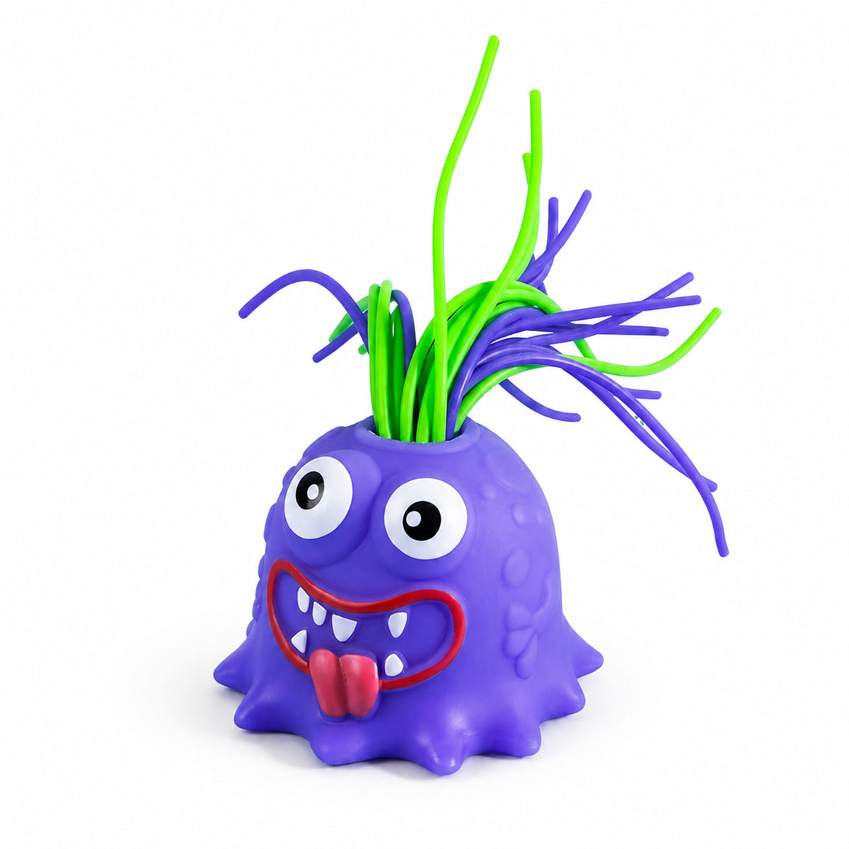 Deep purple screaming monster tactile desk toy with flexible strands on white
