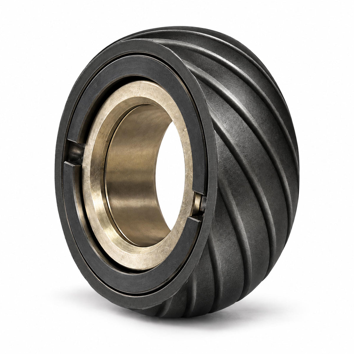 Sleek black tire-tread mechanical fidget ring on clean white studio backdrop
