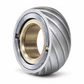 Silver tire-tread mechanical fidget ring standing on white studio background