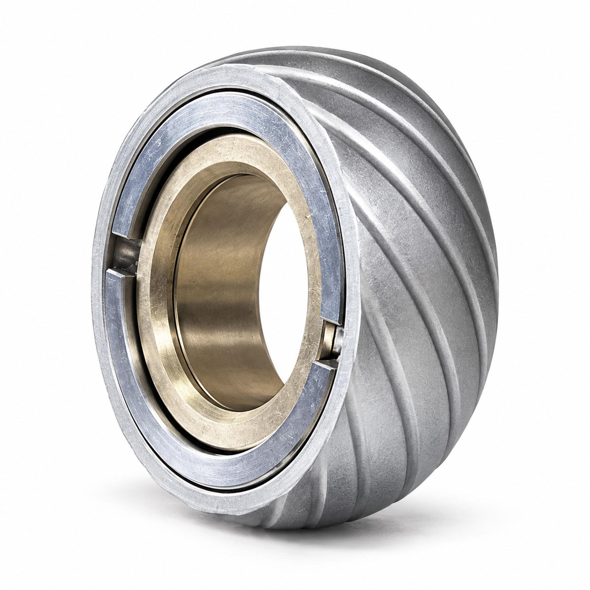 Silver tire-tread mechanical fidget ring standing on white studio background