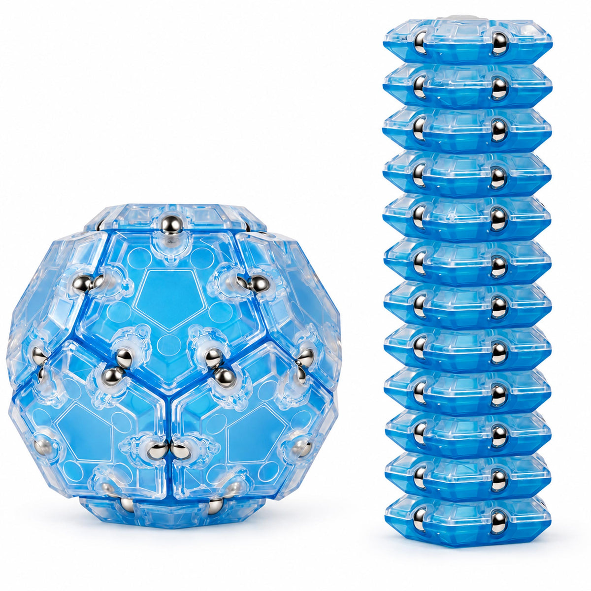 Blue magnetic polyhedron fidget puzzle shown folded and assembled on white desk