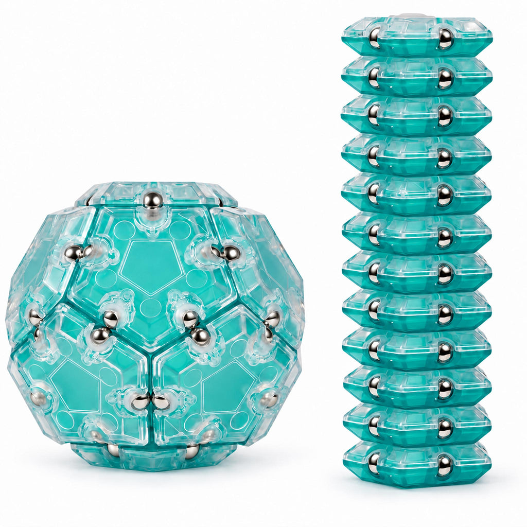 Green magnetic transforming fidget puzzle polyhedron upright on white backdrop