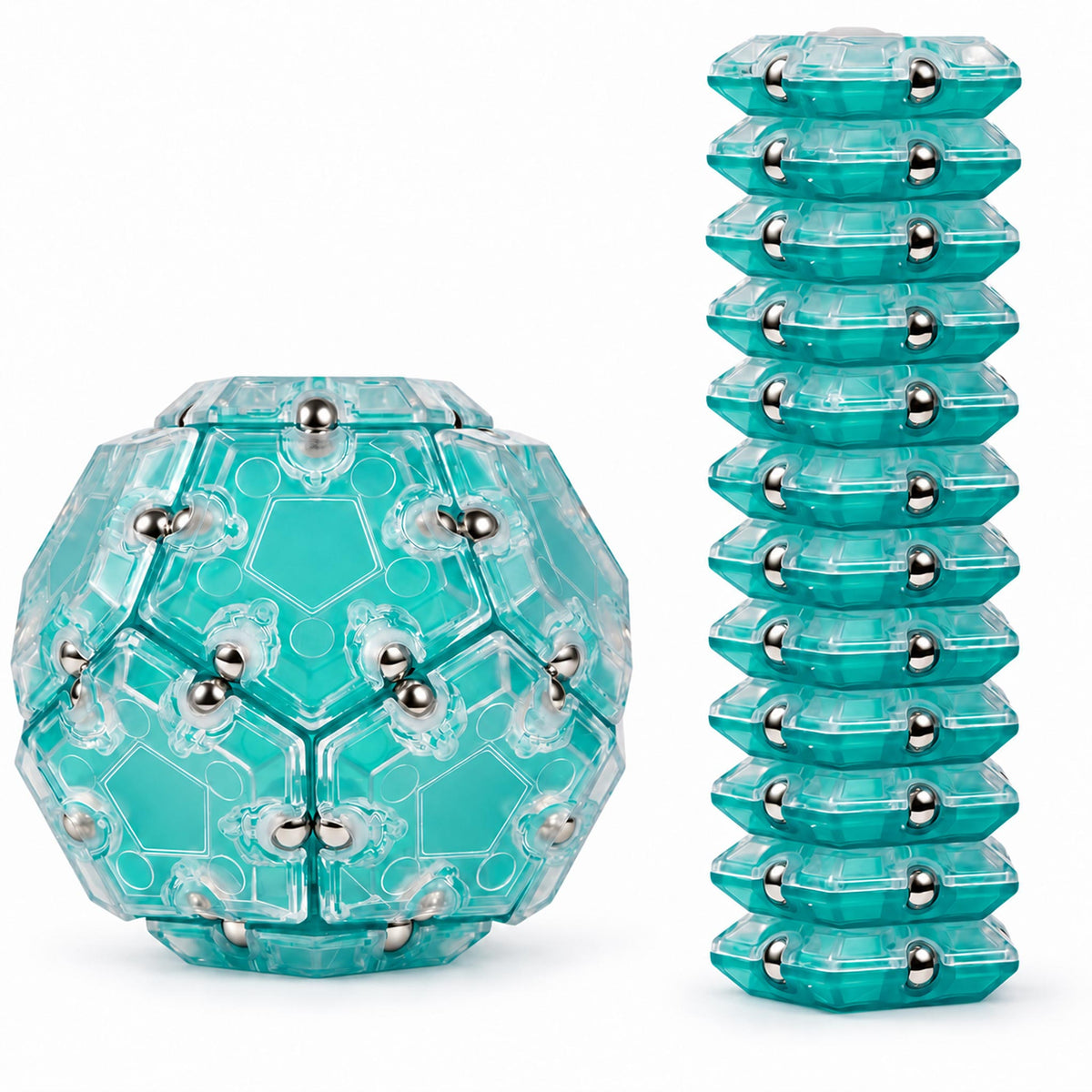 Green magnetic transforming fidget puzzle polyhedron upright on white backdrop