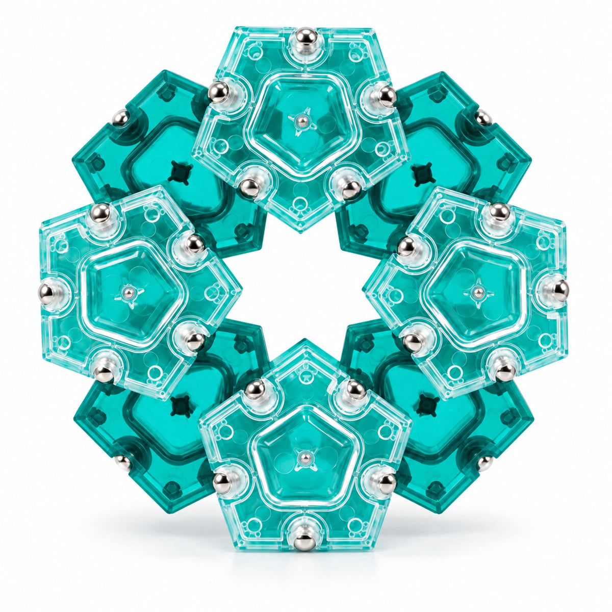 Cyan magnetic polyhedron fidget puzzle assembled upright on white background
