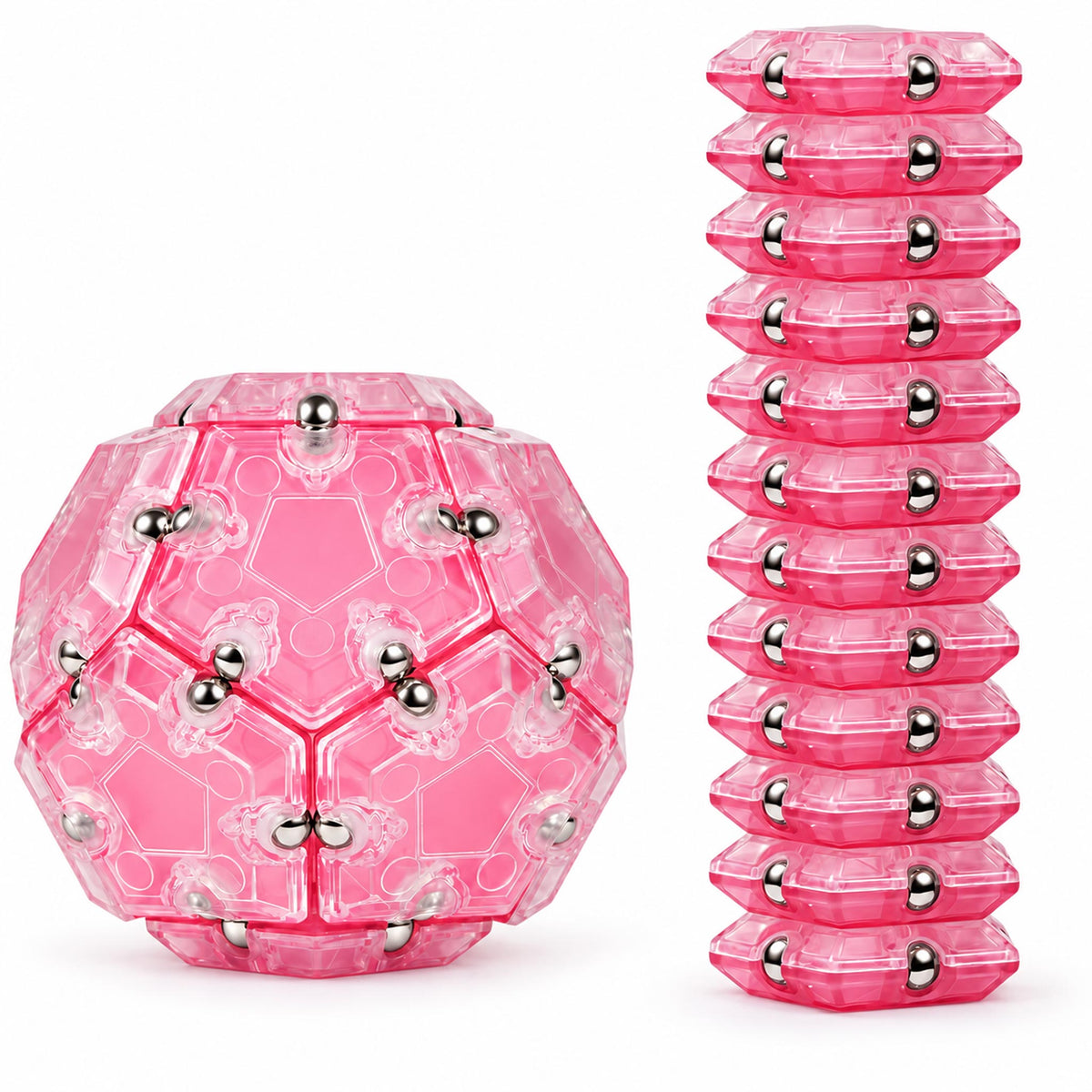 Rose pink magnetic polyhedron fidget toy with stacked folding pieces on white