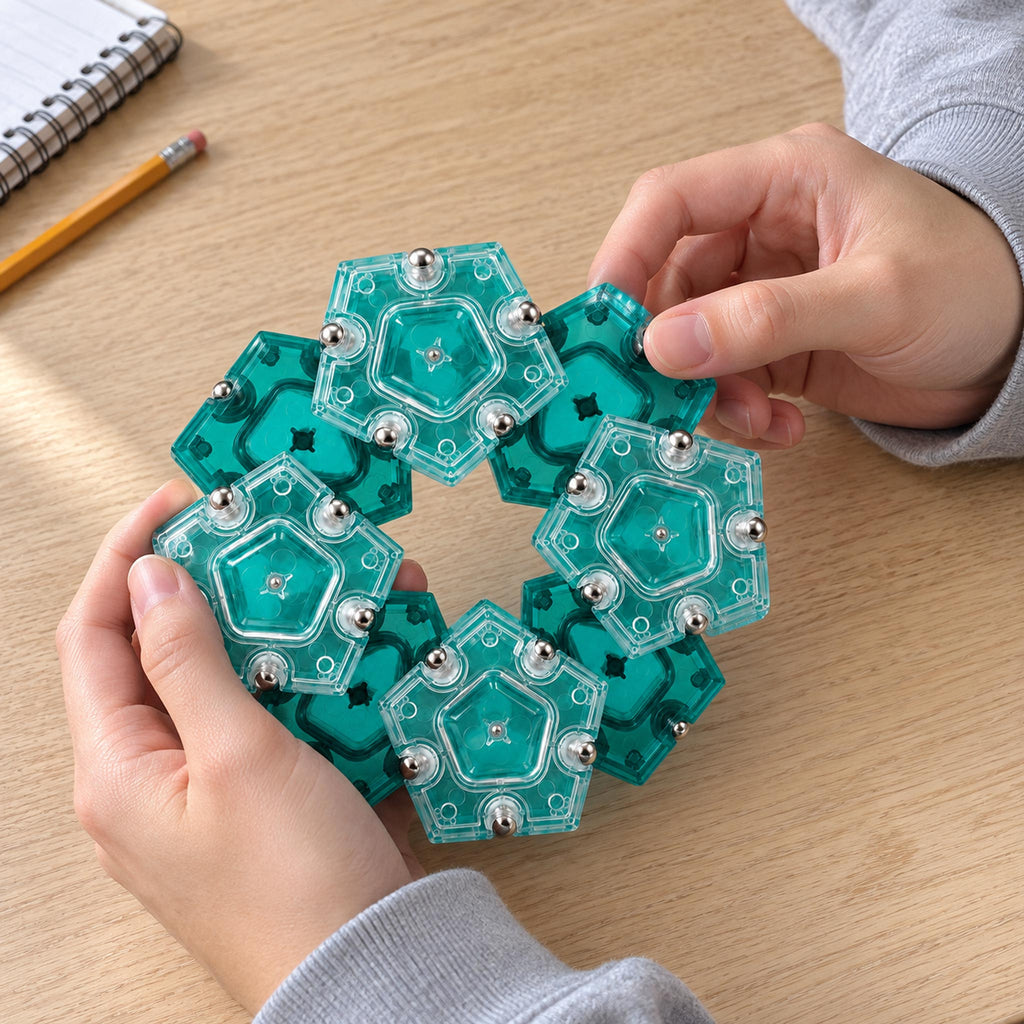 Hands connecting magnetic polyhedron fidget puzzle pieces into an open circle