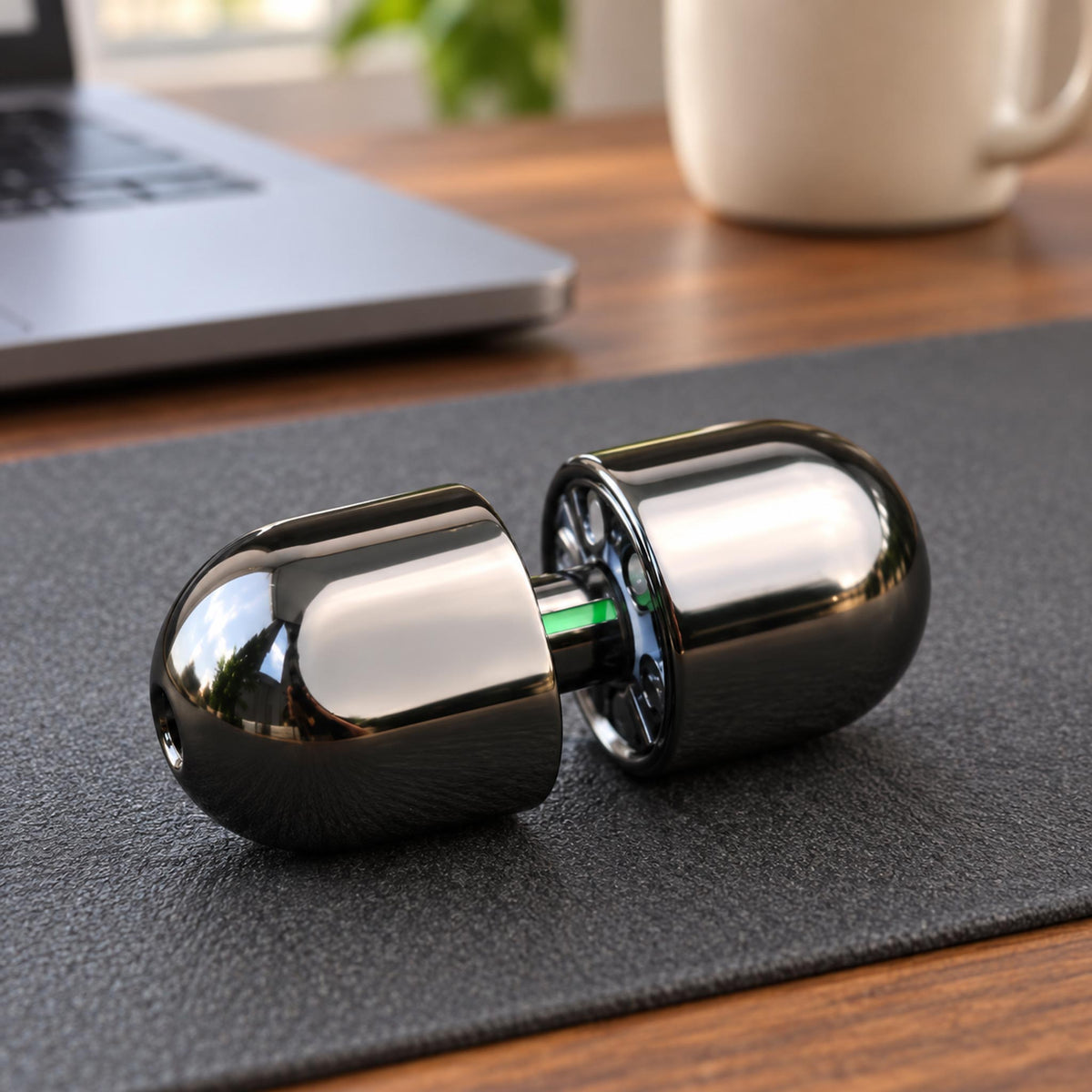 Black metal capsule fidget slider opened horizontally on office desk mat