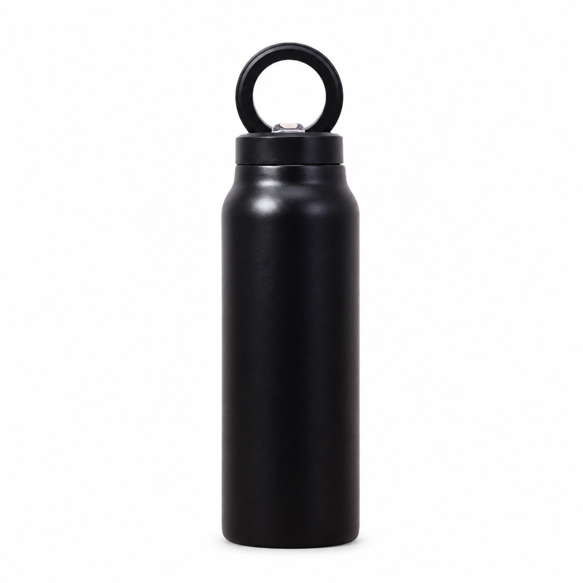 Matte black magnetic water bottle with phone mount lid on white background