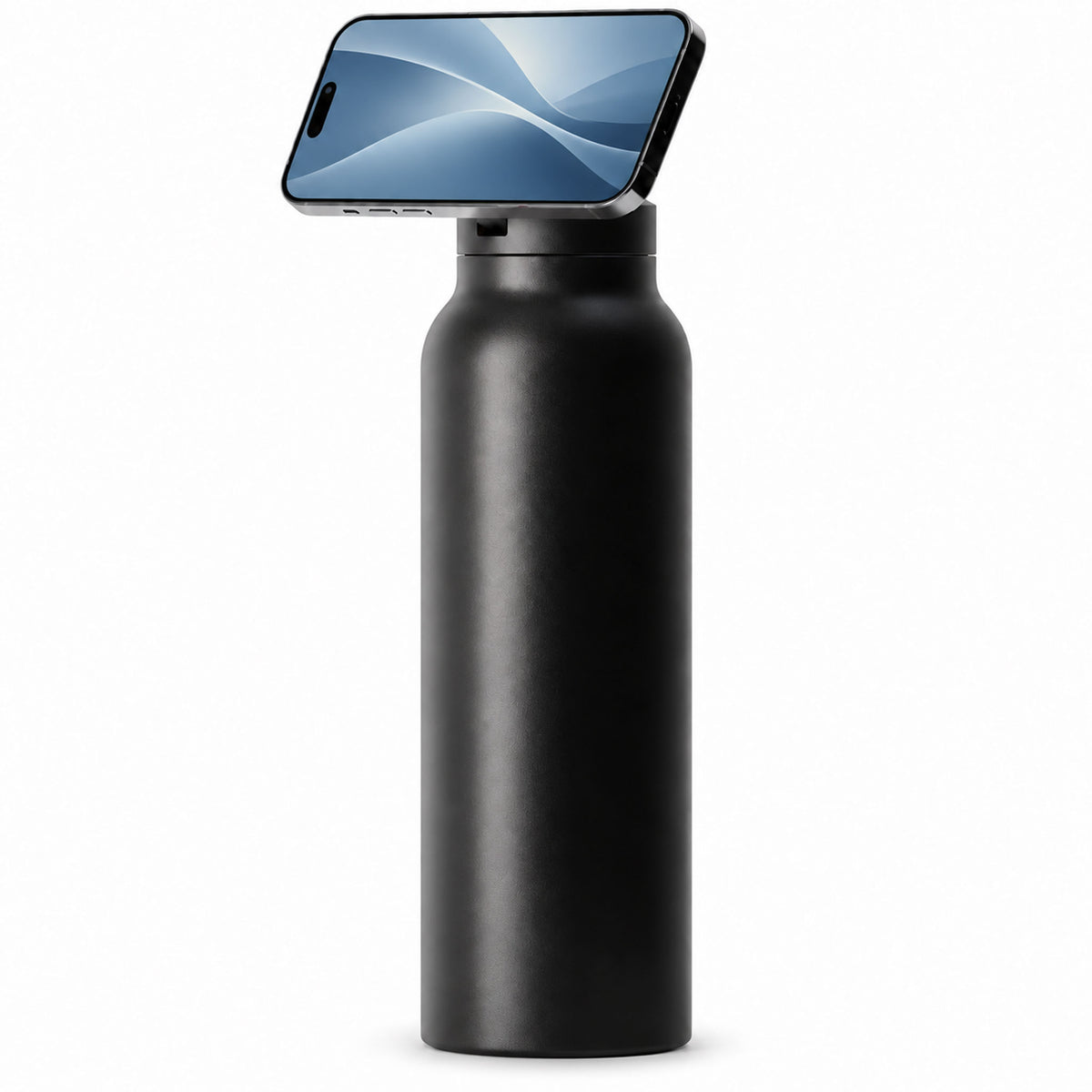 Black magnetic phone holder water bottle supporting smartphone on office desk