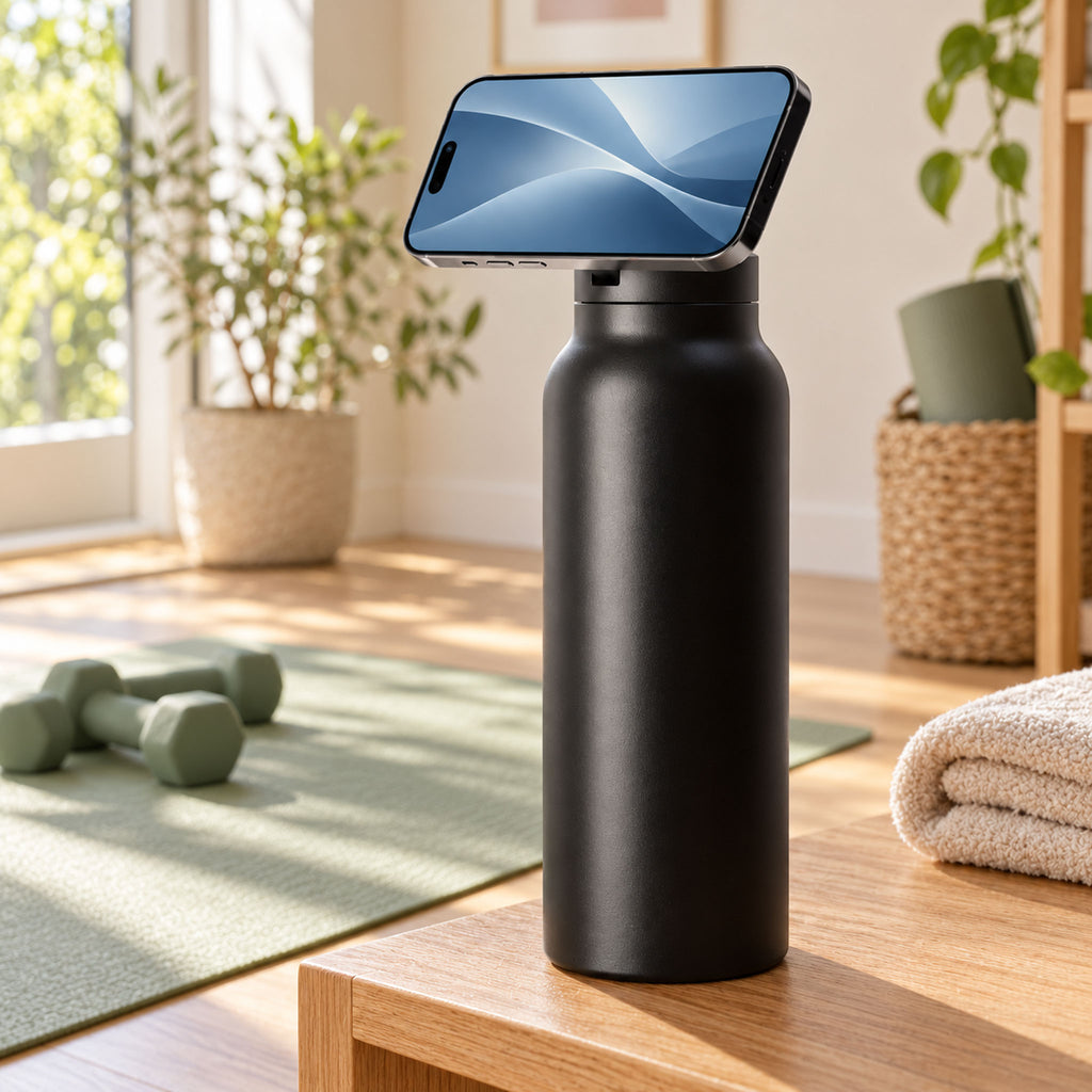Insulated magnetic flask holding phone for video calls beside digital tablet