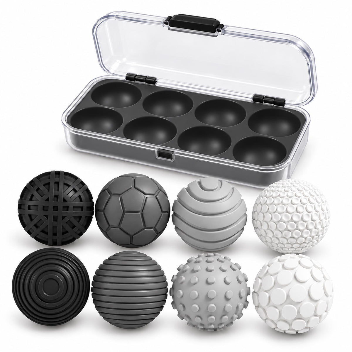 Monochrome black and grey textured magnetic sensory desk balls in open case