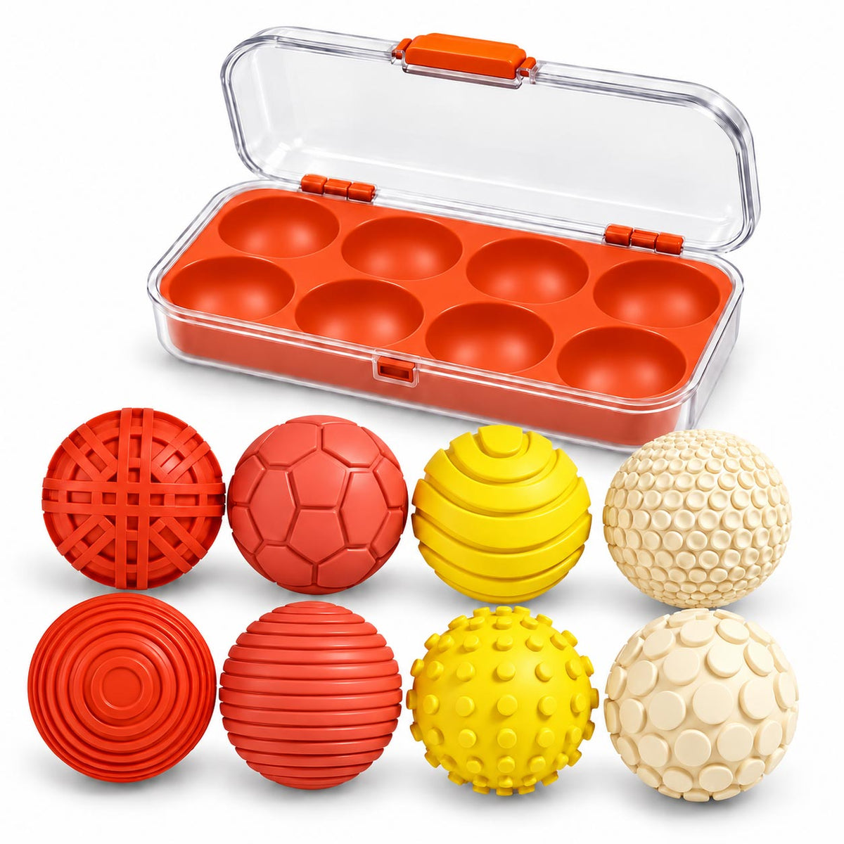 Warm sunset orange and yellow textured magnetic fidget balls in storage case