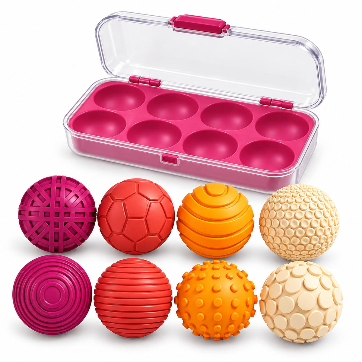 Rose pink and magenta textured magnetic sensory balls displayed in case
