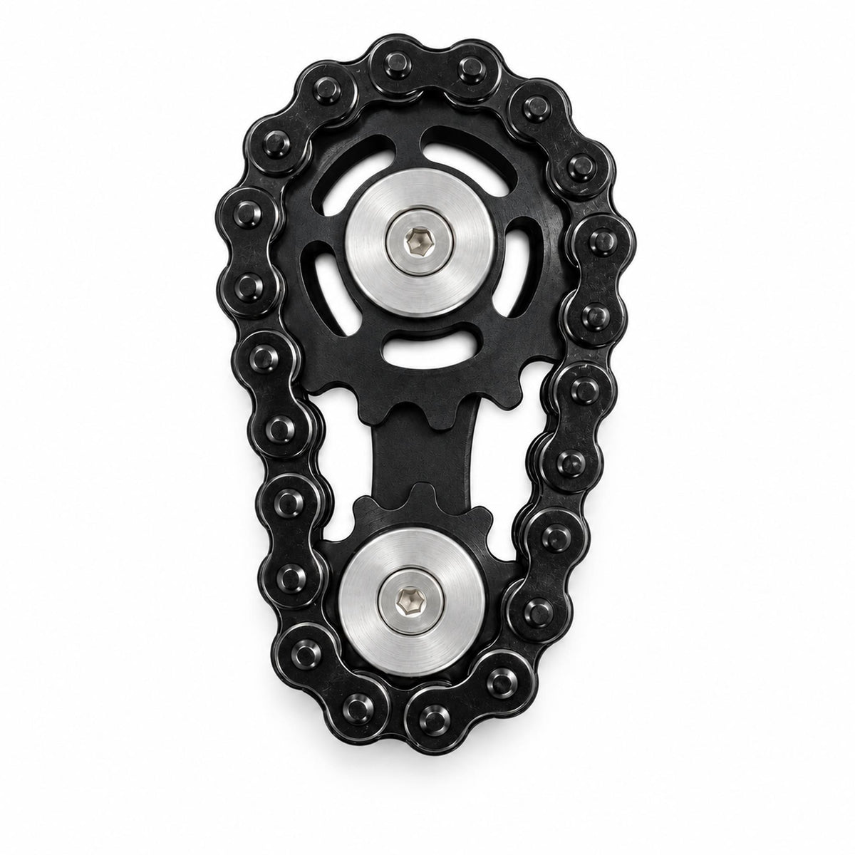 Matte black dual gear chain fidget spinner gadget on clean white backdrop