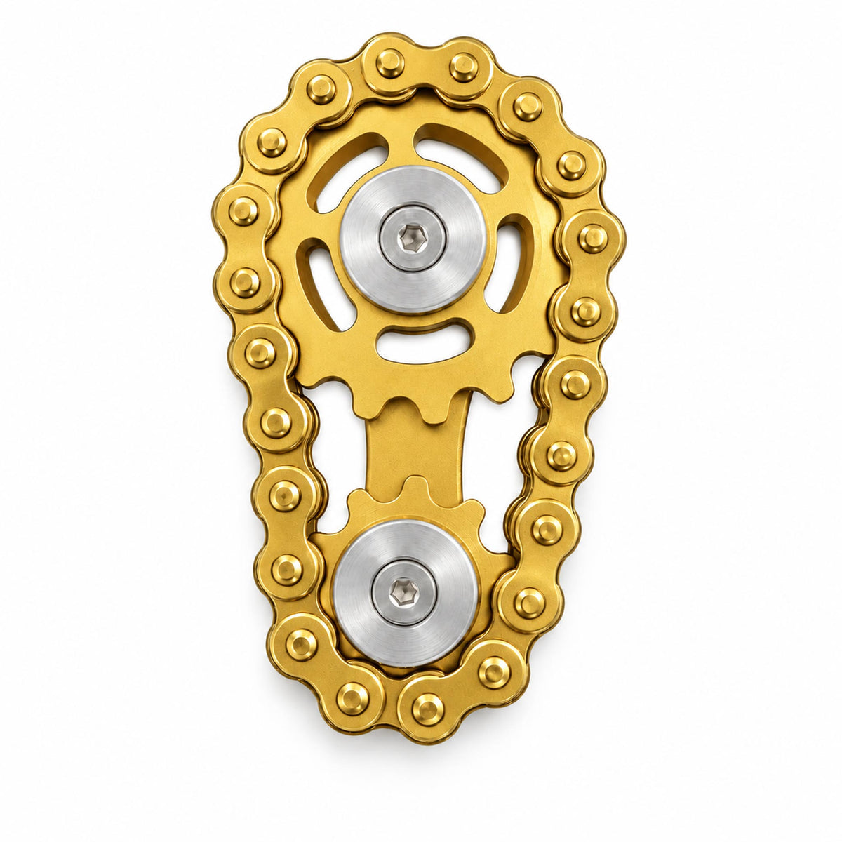 Polished gold mechanical chain gear EDC desk fidget toy on white background