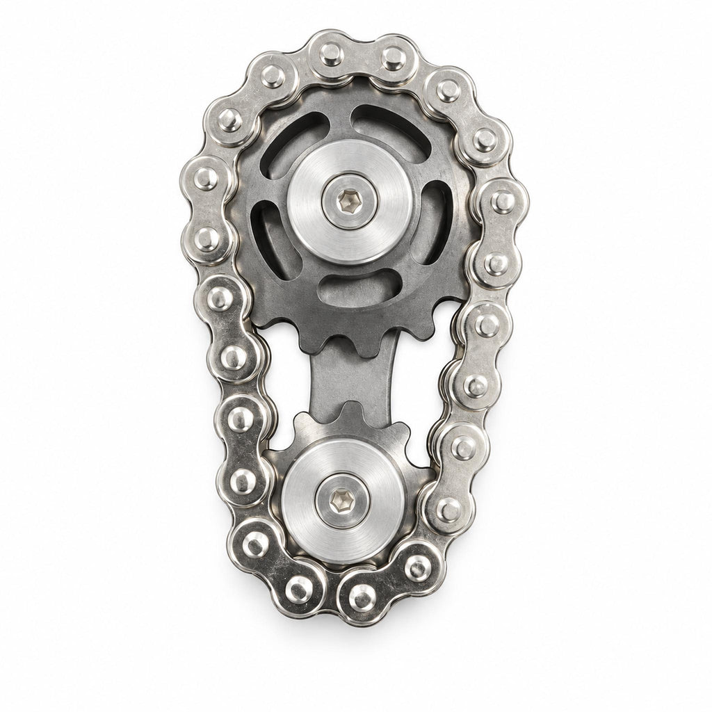 Silver metal chain-drive gear fidget spinner standing on white background