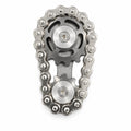 Silver metal chain-drive gear fidget spinner standing on white background