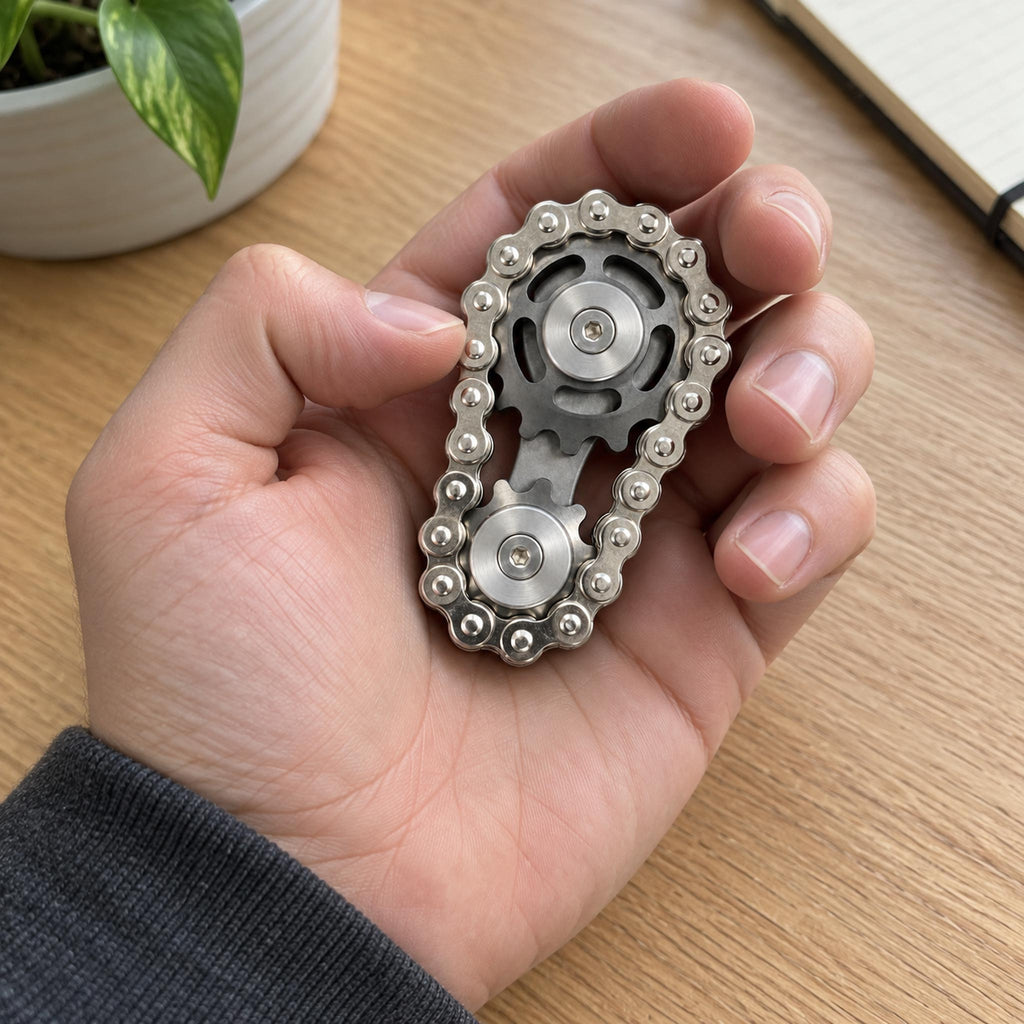 Hand spinning stainless steel chain gear fidget toy at office desk workspace