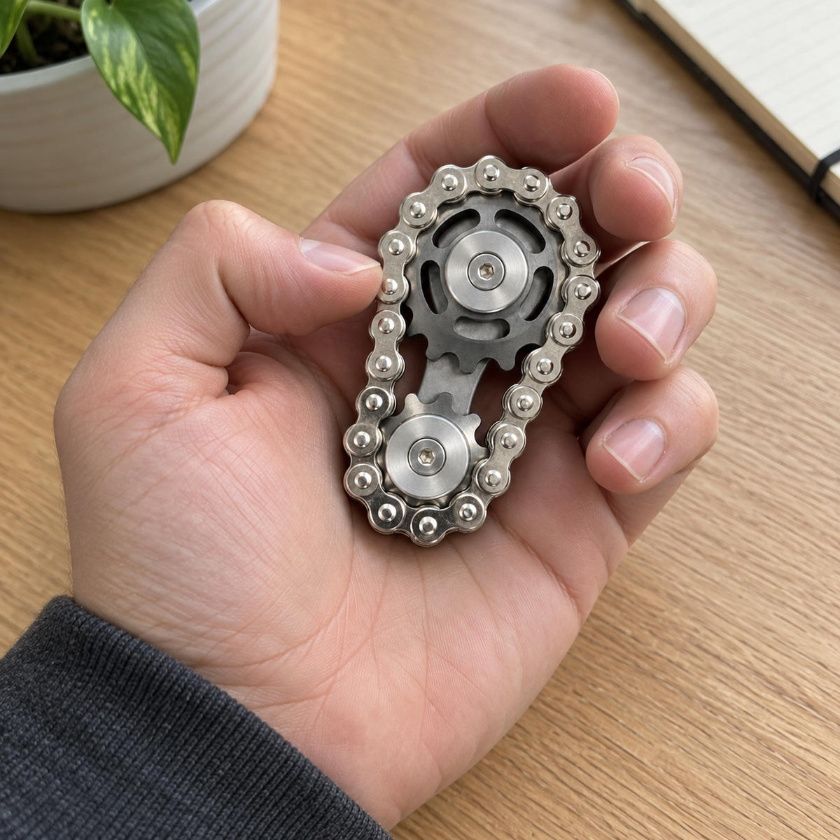 Hand spinning stainless steel chain gear fidget toy at office desk workspace