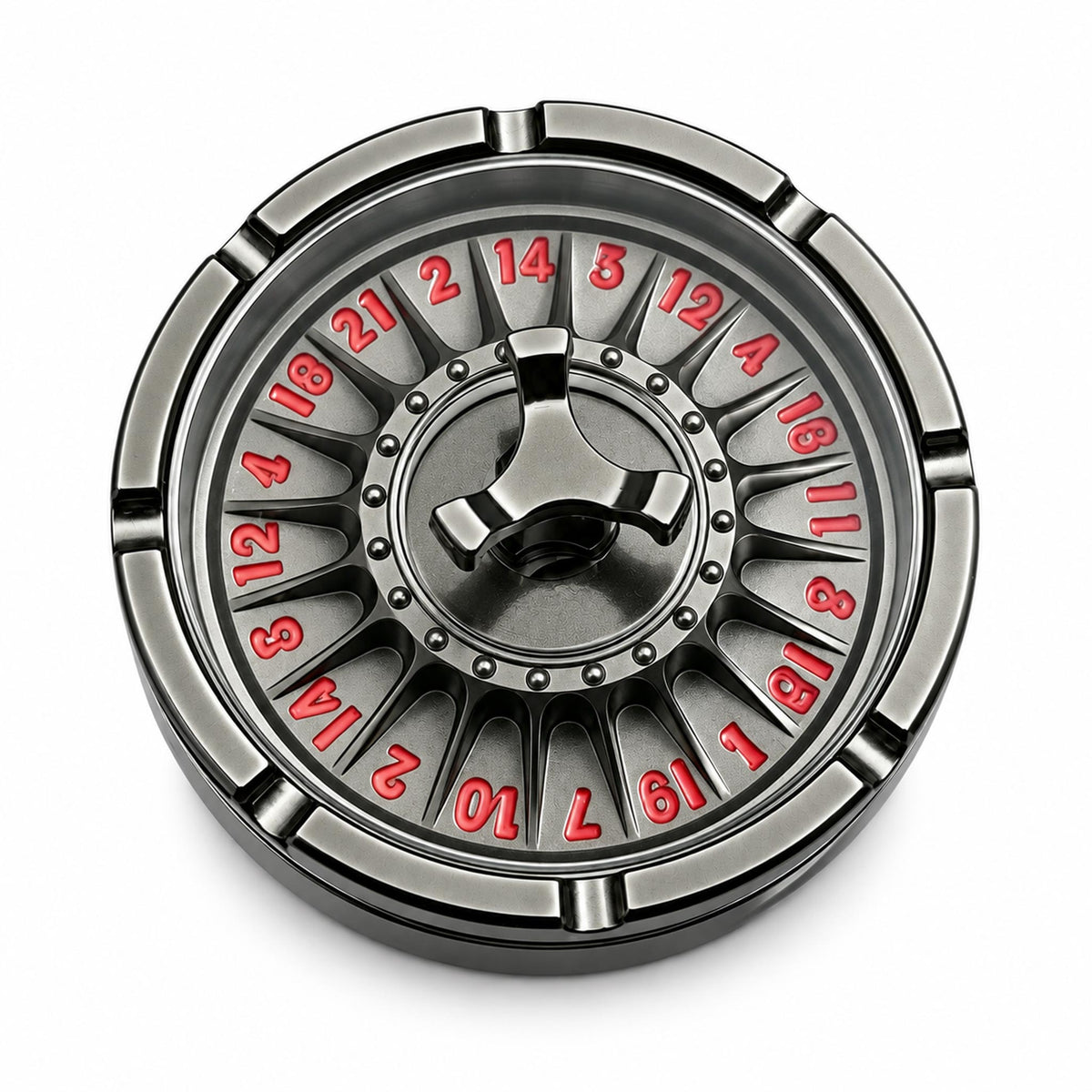 Black and red roulette fidget spinner top view on studio background