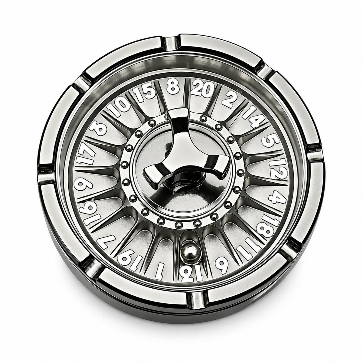 Black and white roulette fidget spinner upright on white studio backdrop