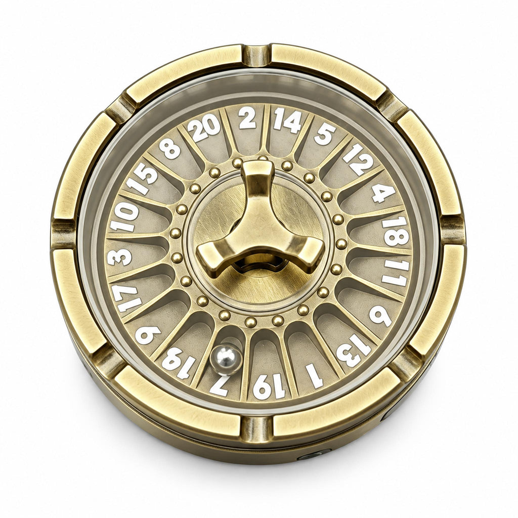 Antique gold metal roulette fidget spinner with numbered dial on studio view