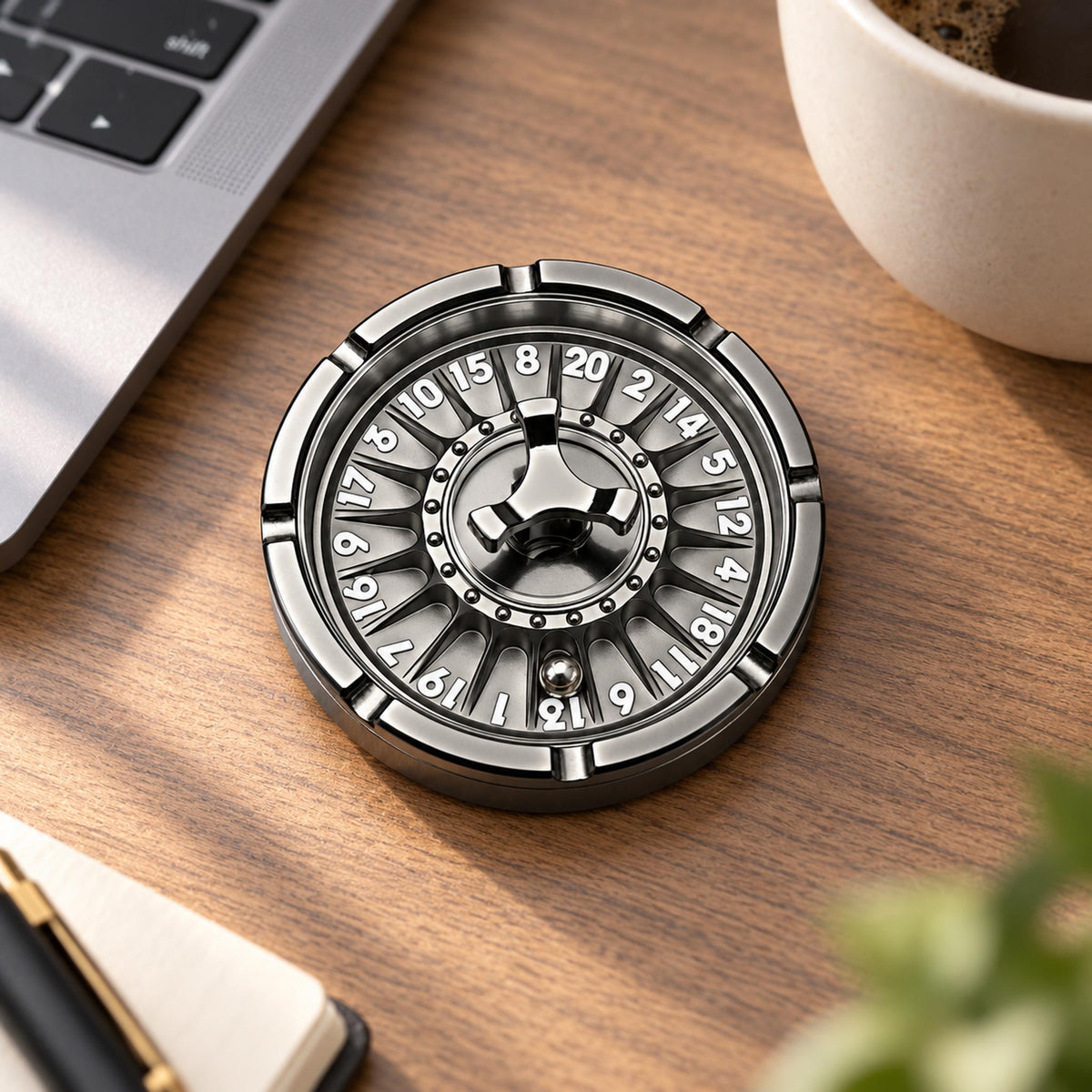 Adult hand spinning metal roulette decision fidget on office desk mat