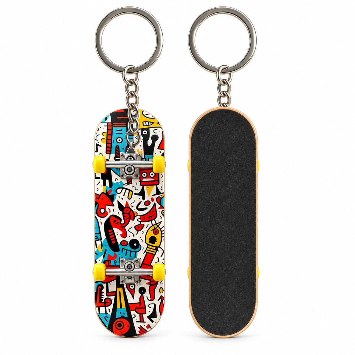 Comic graffiti mini skateboard cable winder and tactile EDC keychain