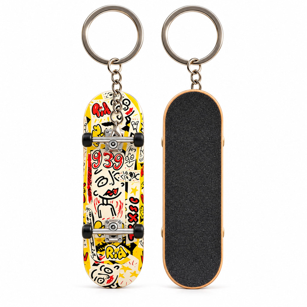 Yellow doodle skateboard keychain cable organizer with alloy trucks