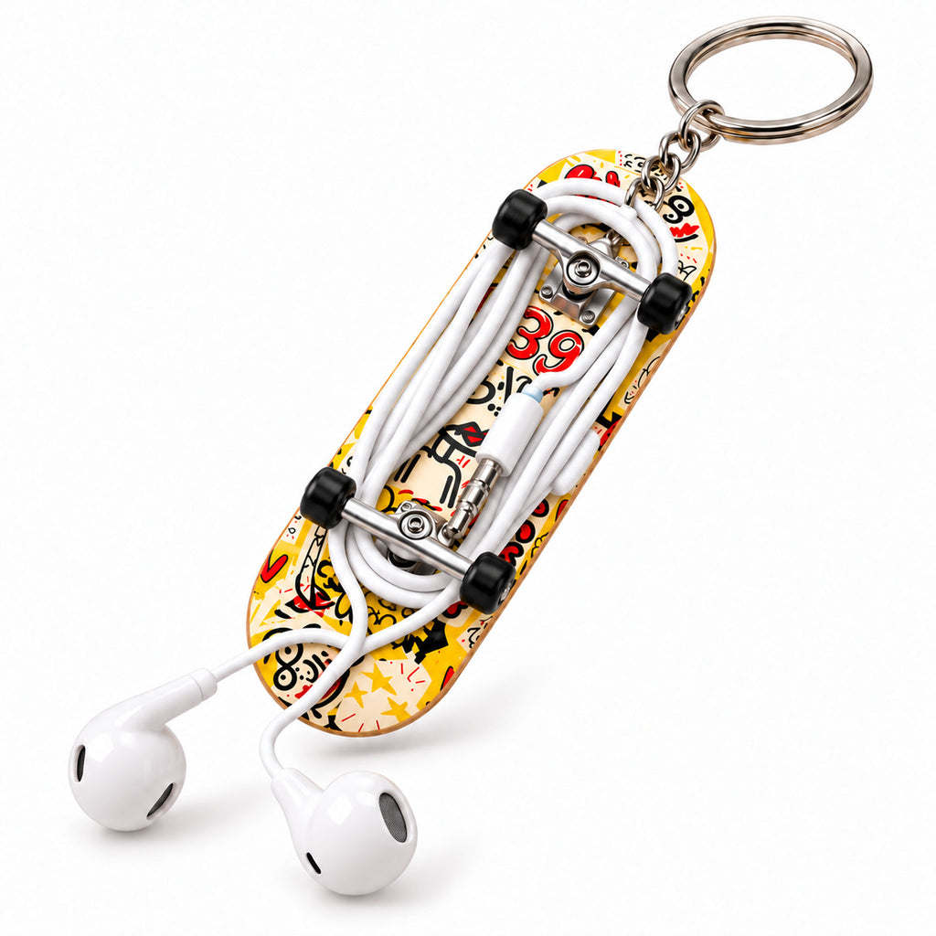 White earbud cords wrapped securely around wooden mini skateboard deck