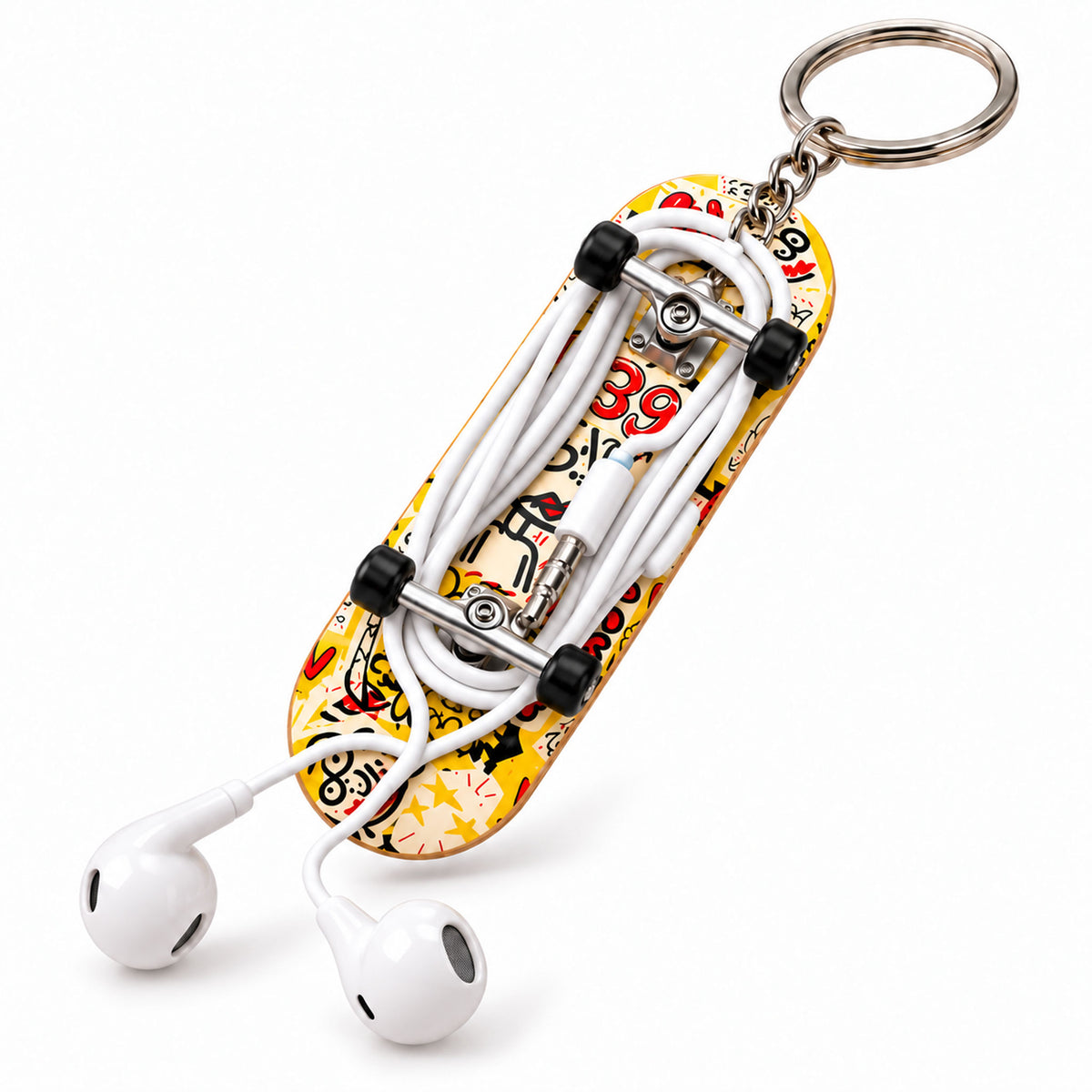 White earbud cords wrapped securely around wooden mini skateboard deck