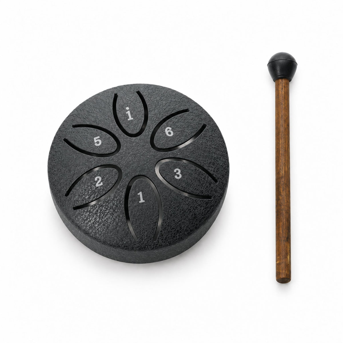 Matte black 6-note steel tongue drum with mallet for desk stress relief