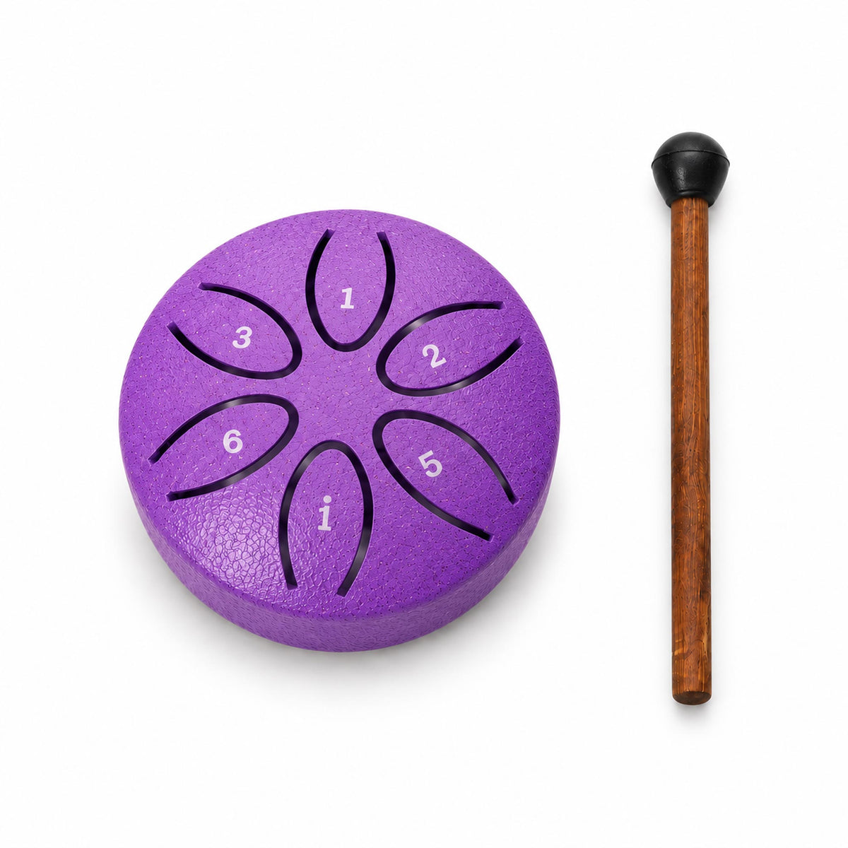 Calming purple 3-inch mini tongue drum instrument with playing mallet