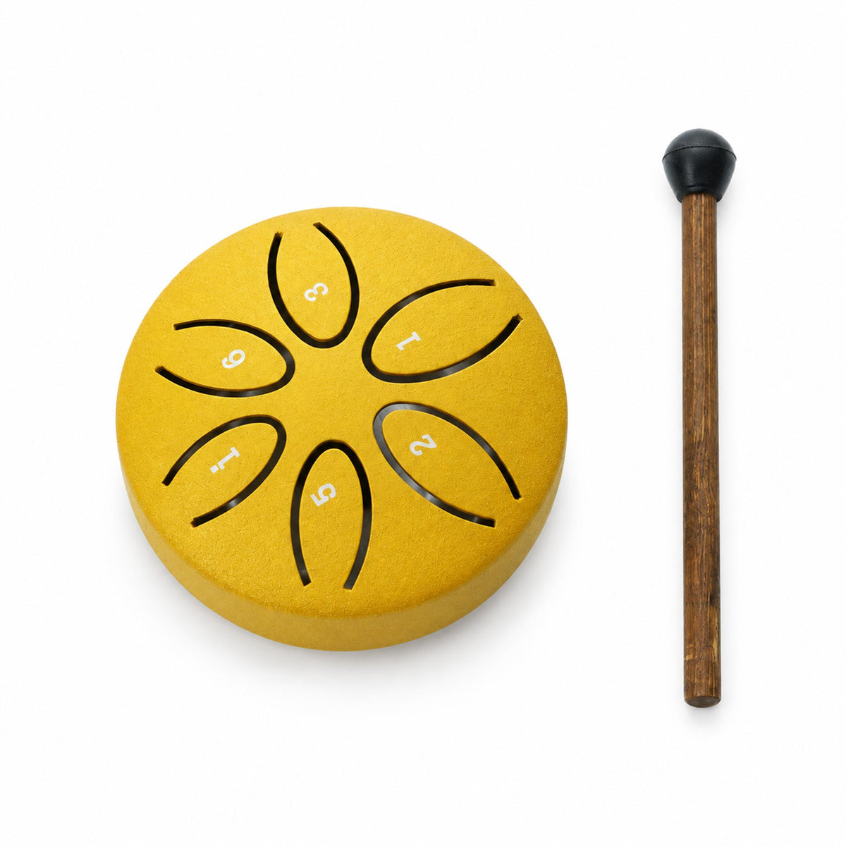 Mini 6-note yellow steel tongue drum with wooden mallet