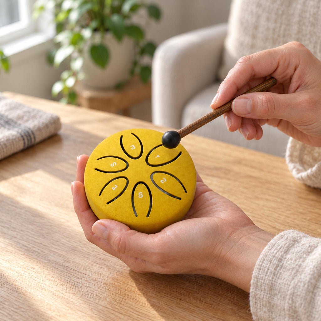 Hand playing mini steel tongue drum with mallet for meditation and focus