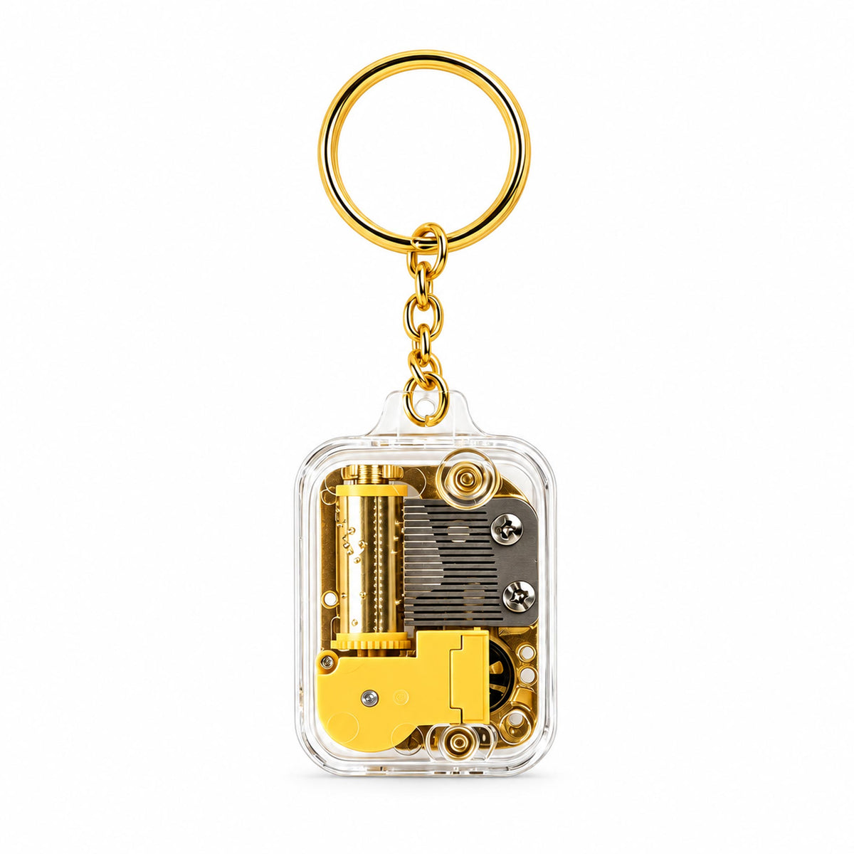 Gold-tone movement mini music box keychain in clear acrylic case
