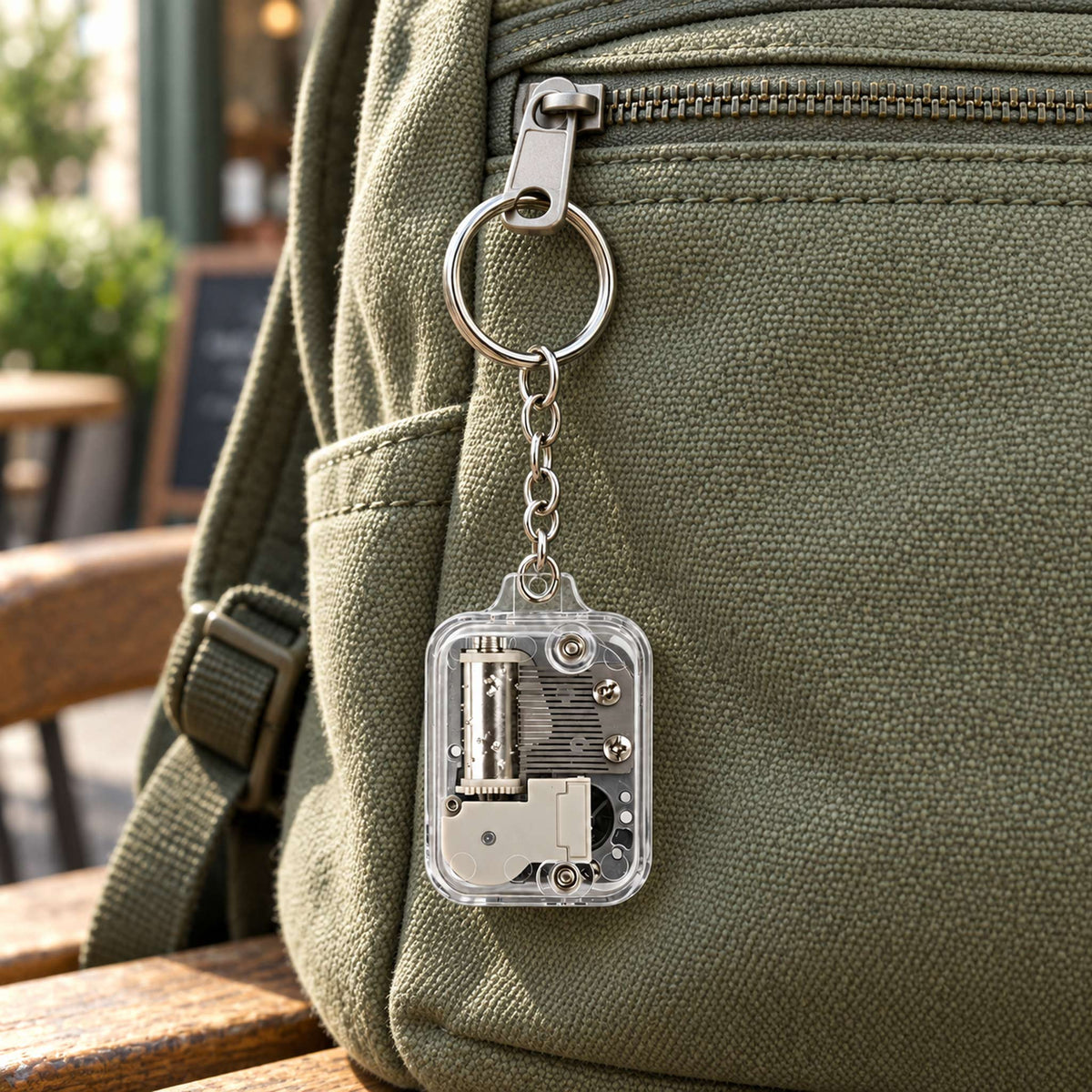 Mini clear music box keychain used as everyday carry backpack charm