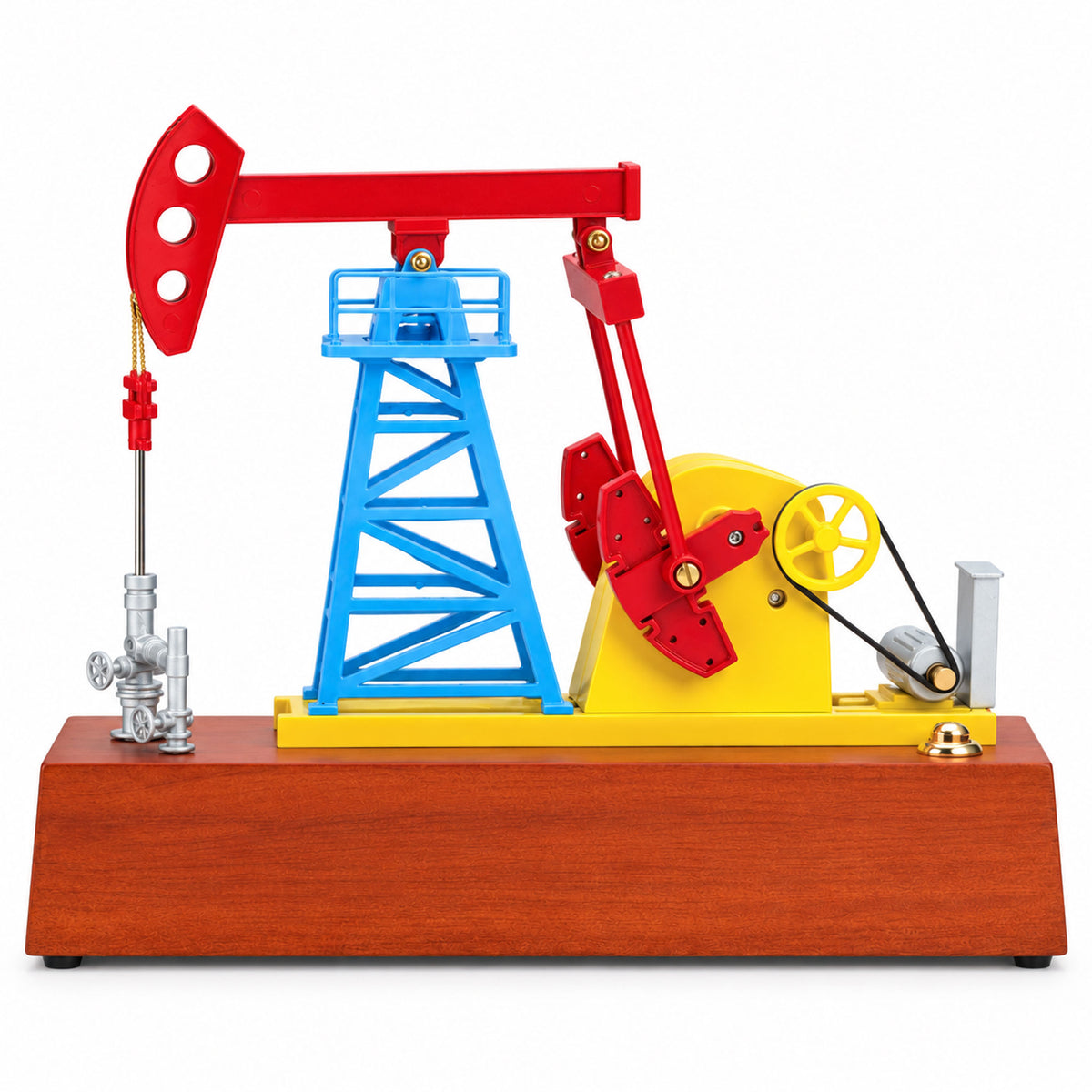Front studio view of battery powered kinetic oilfield pumpjack model on white