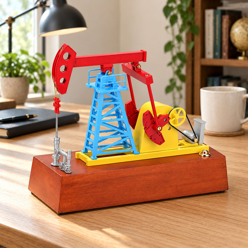 Kinetic oil pumpjack desk sculpture moving on executive wooden workspace table