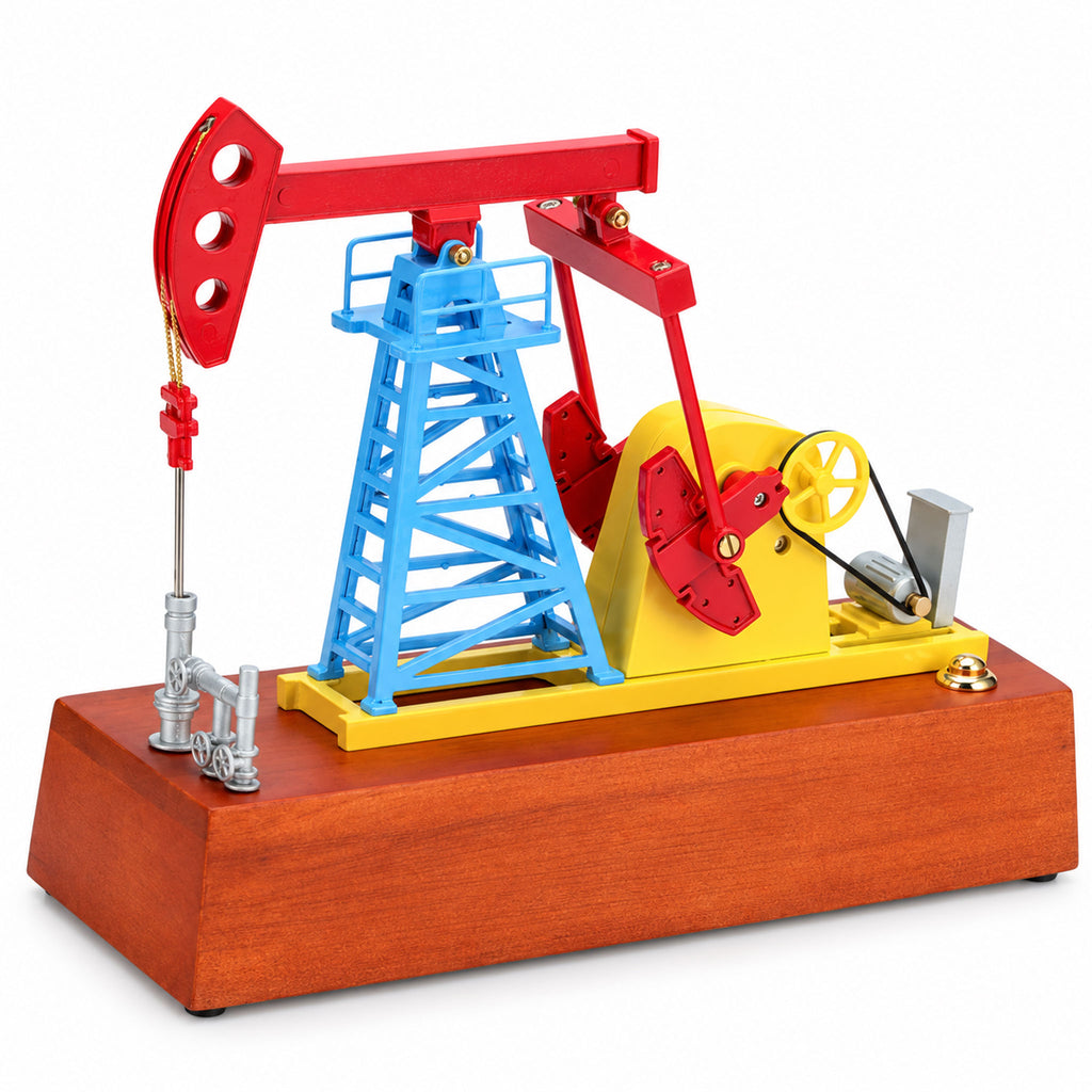 Red and blue kinetic oil pumpjack model on wooden base on white background