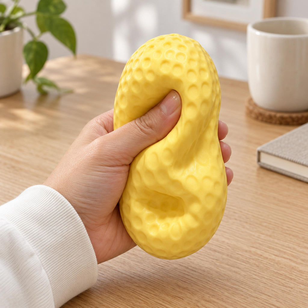 Yellow textured peanut squishy toy standing upright on studio background