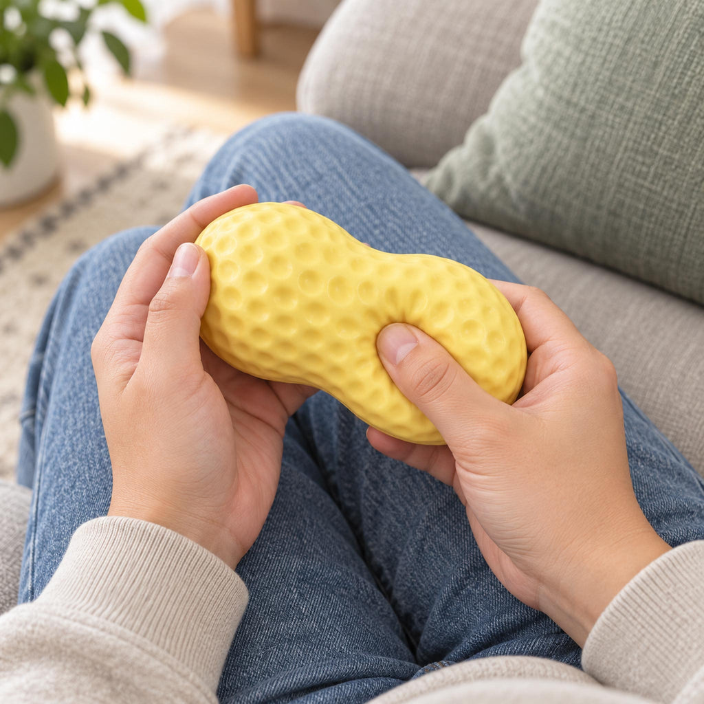 Adult holding yellow peanut shaped fidget toy for quiet mindfulness break