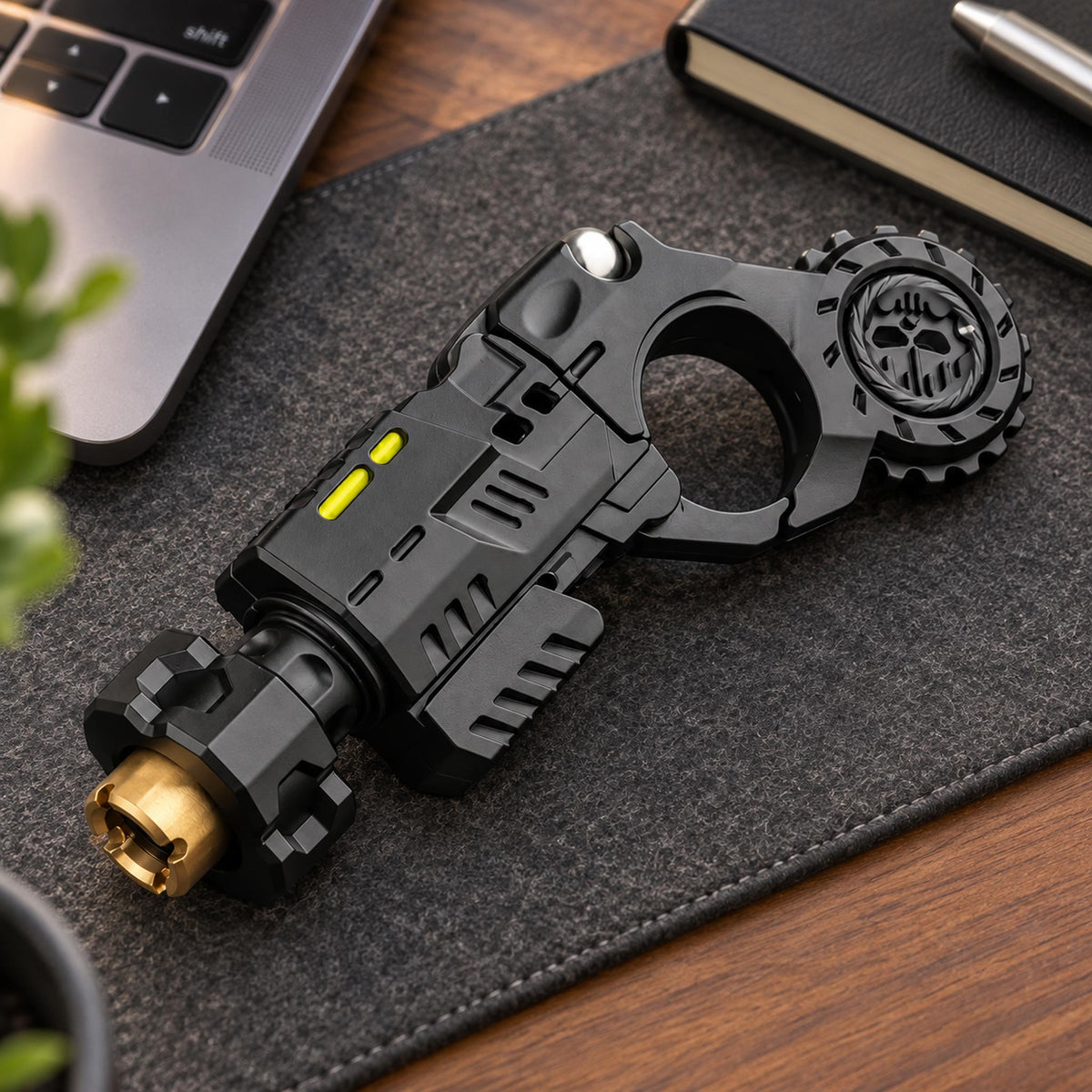 Black mechanical desk fidget slider placed on an executive office tabletop