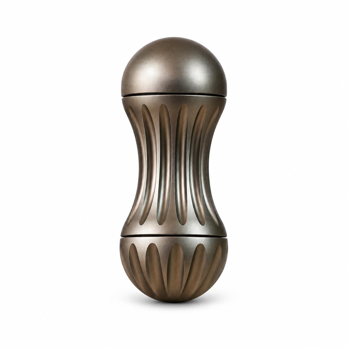 Fluted bronze metal peanut knuckle fidget toy upright on white backdrop