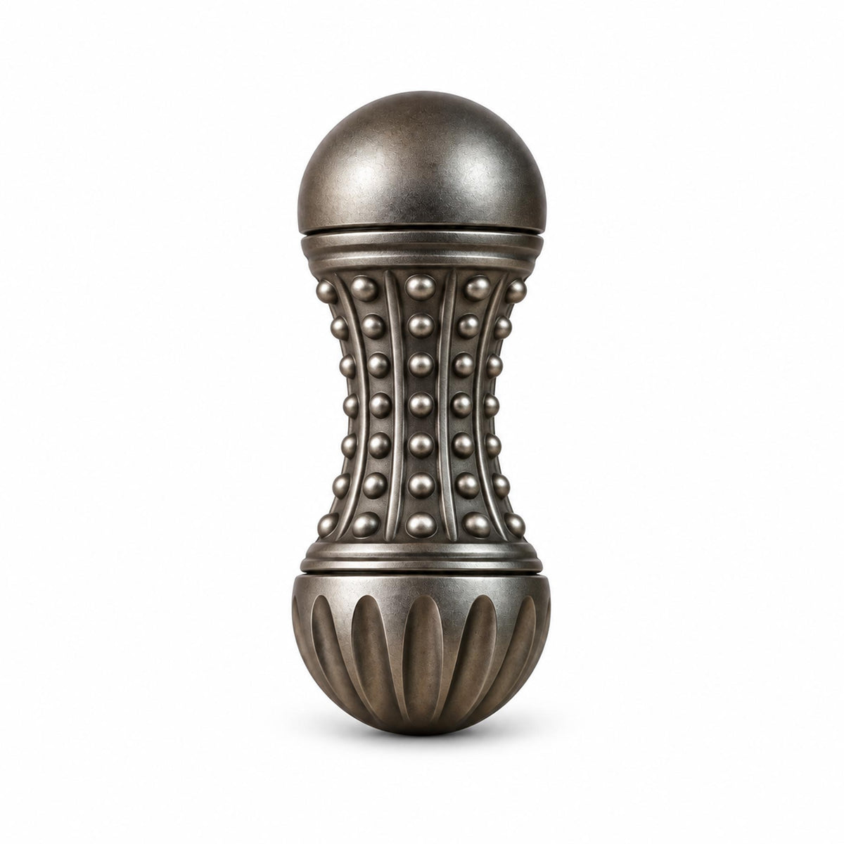 Bronze studded metal peanut fidget roller standing on white studio background