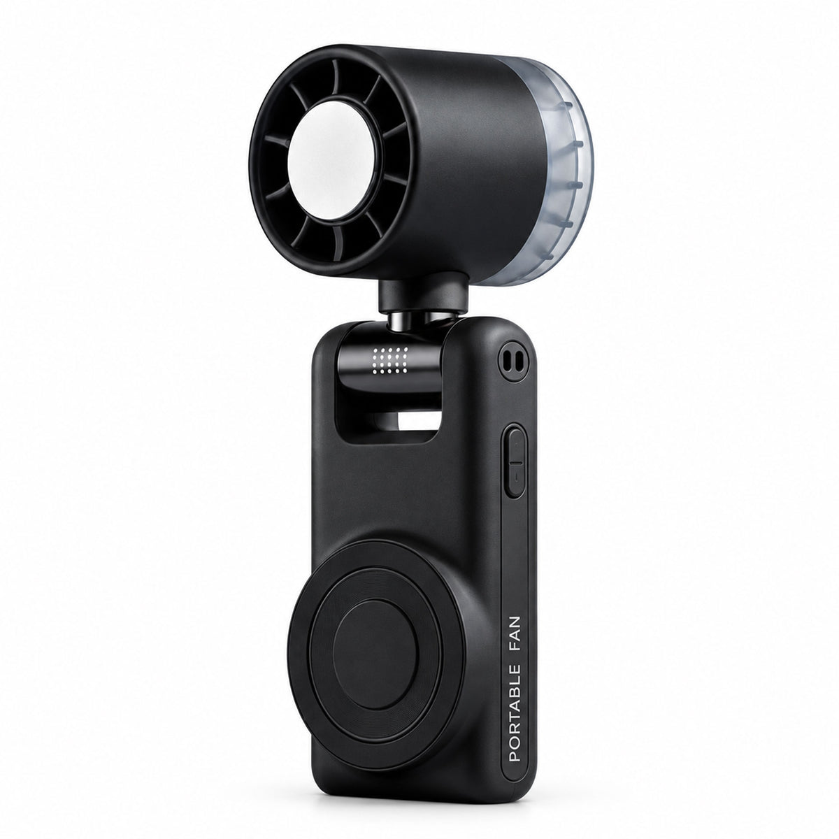 Black handheld mini fan with a semiconductor cooling pad and phone stand.