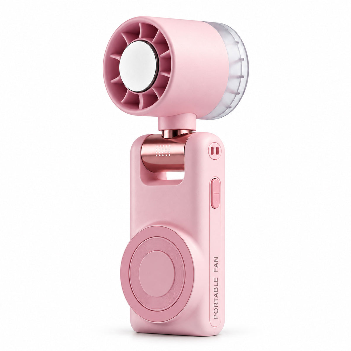 Pink portable handheld fan with a semiconductor cooling plate and built-in phone stand