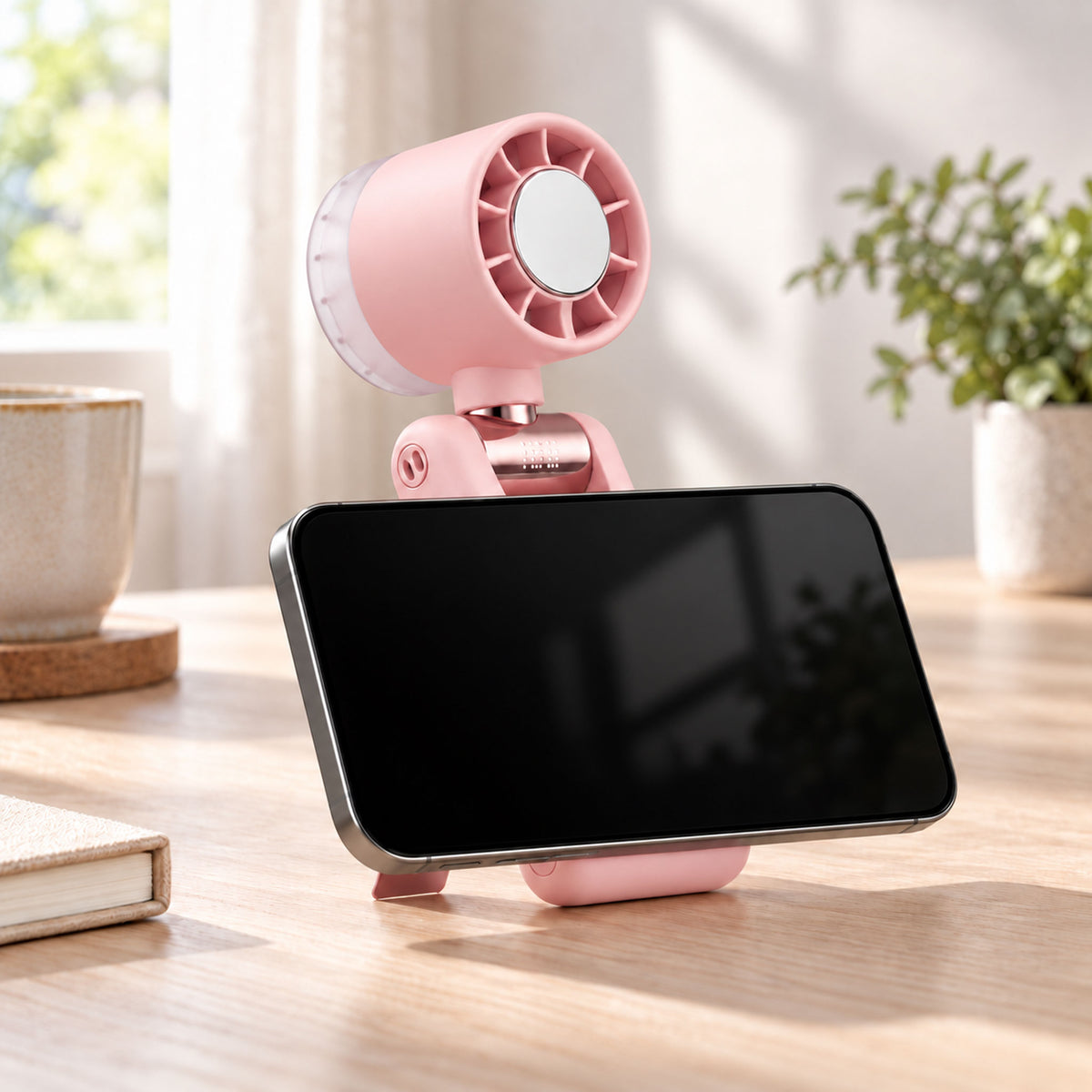Foldable pink mini desk fan showing magnetic smartphone stand feature