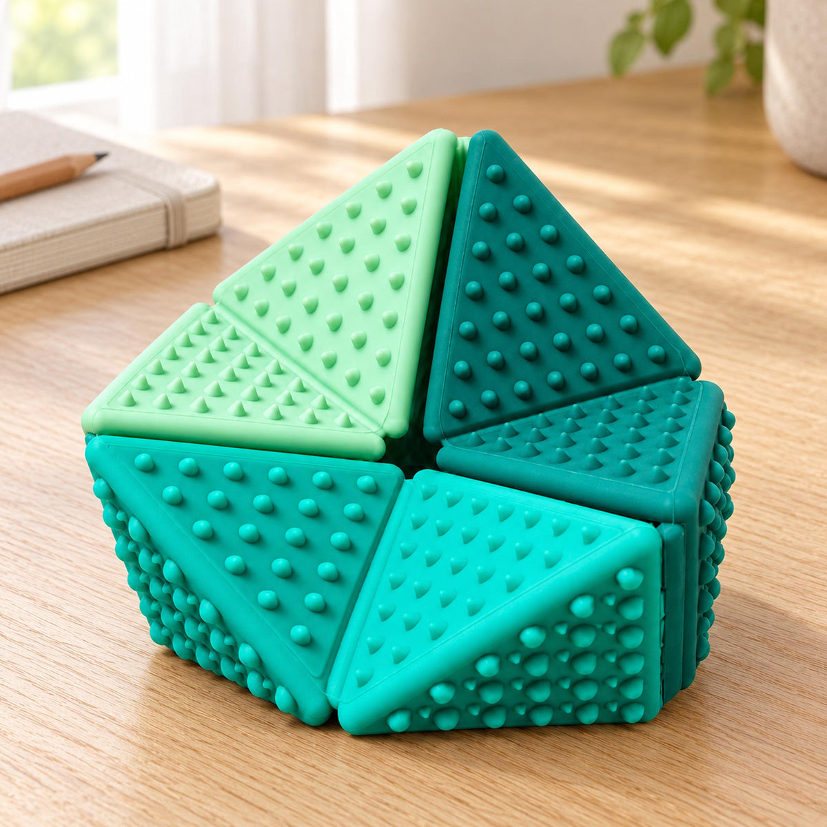 Unfolded reversible sensory toy displaying textured geometric silicone surfaces