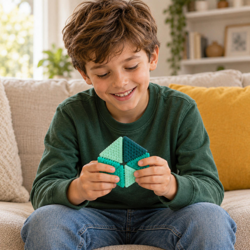 Hands manipulating transforming tactile fidget cube for quiet stress relief